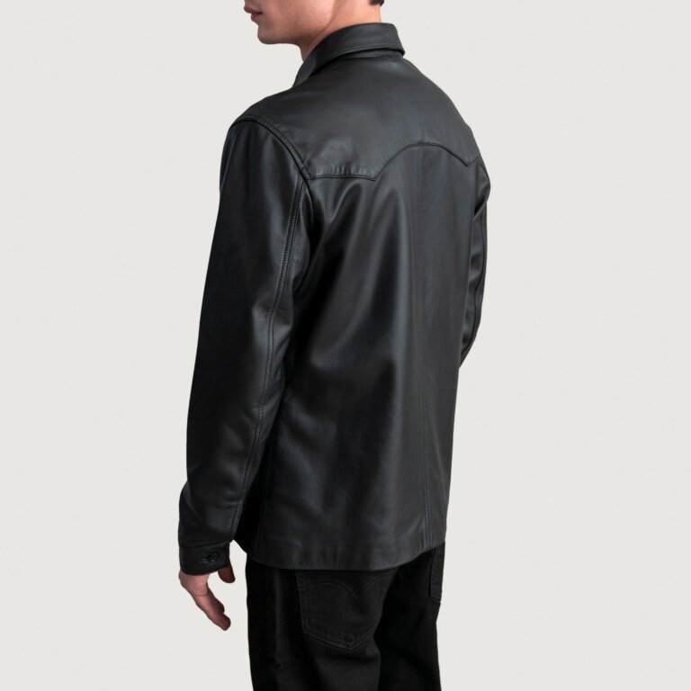 Mens Bronco Black Leather Shirt Tilted Back-8-1724066391104
